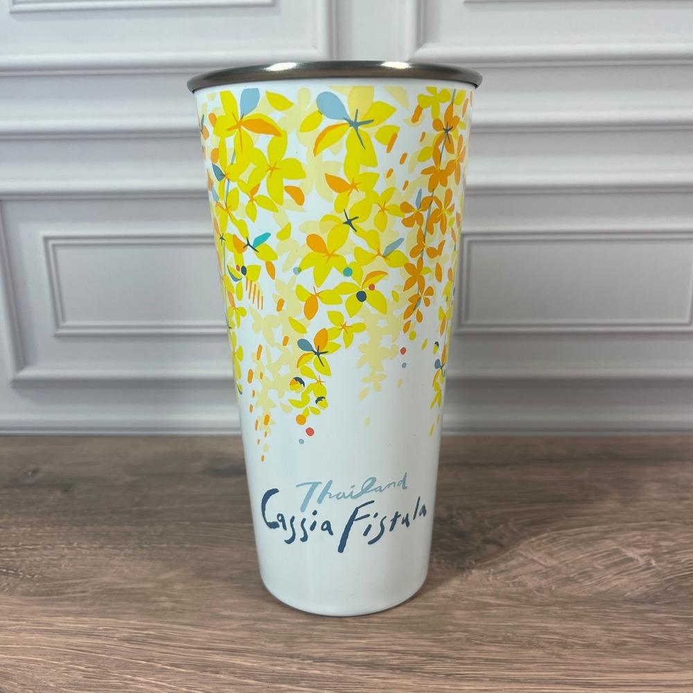 Starbucks Tumbler Thailand Cassia Fistula 16oz White Yellow Floral Stainless Mug